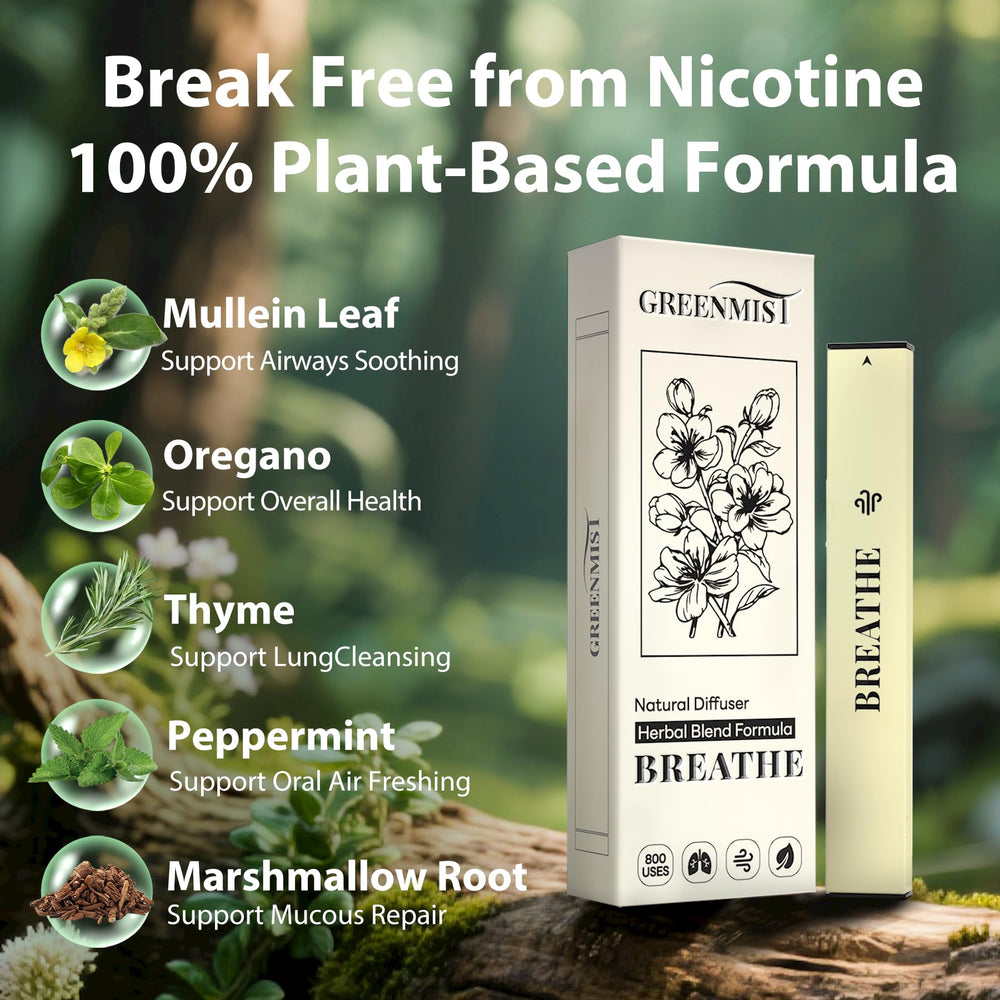 GREENMIST Mullein Diffuser Pen closeup of ingredients including mullein and mint