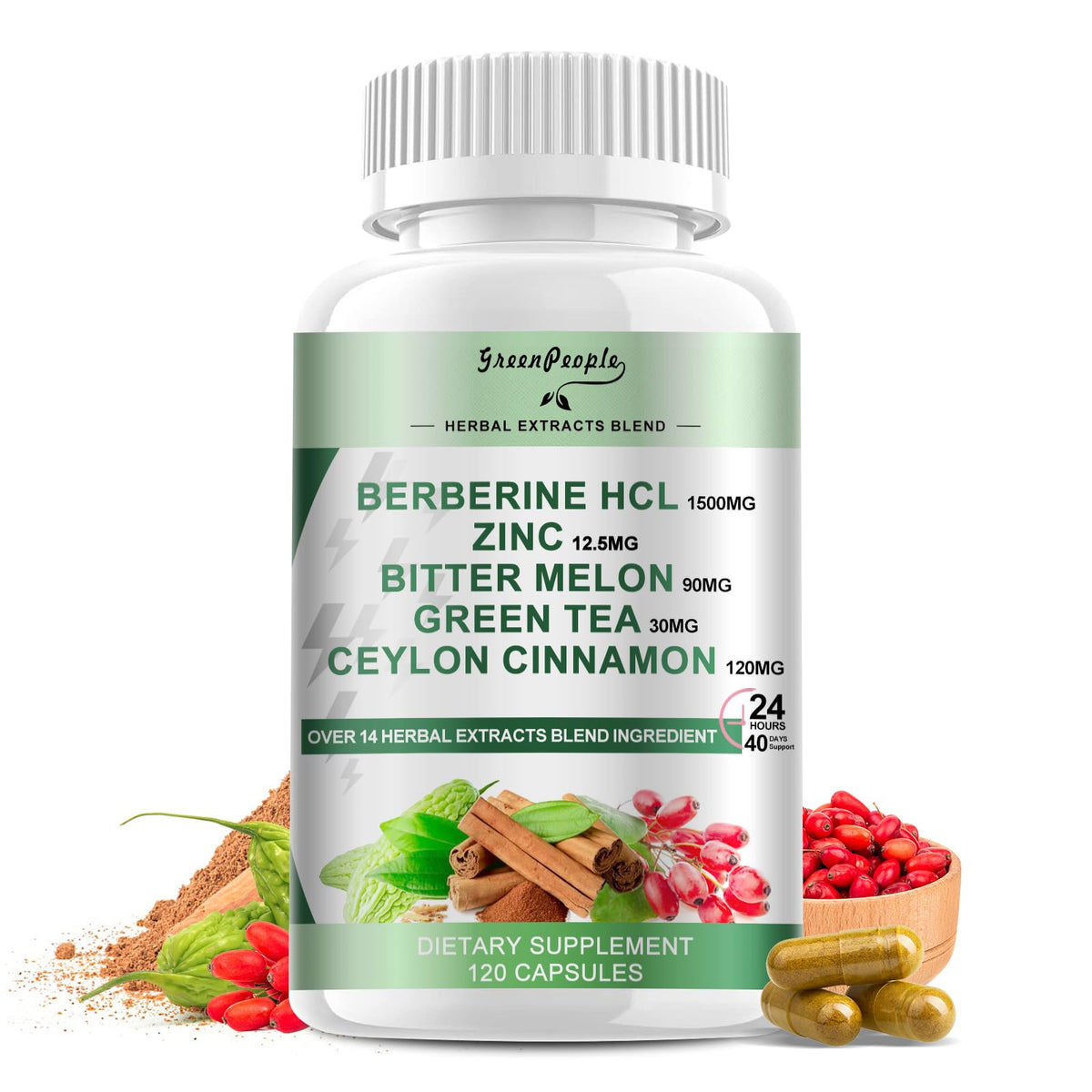 GREENPEOPLE Berberine bottle close-up showing capsules for daily energy support