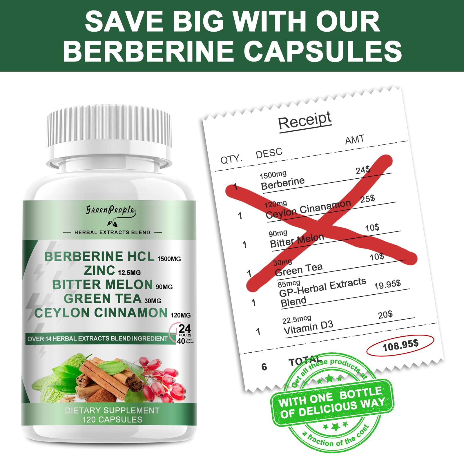 GREENPEOPLE Berberine capsules with water for easy daily use