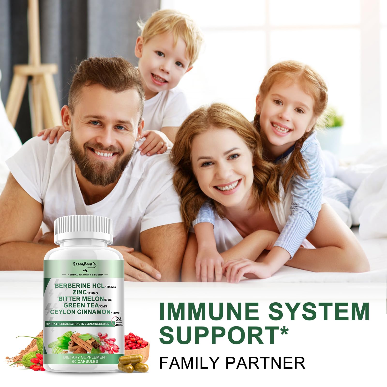 GREENPEOPLE Berberine with cinnamon and green tea spice arrangement.