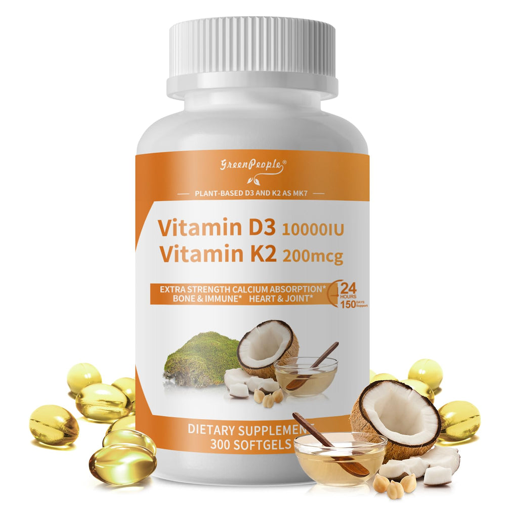GREENPEOPLE K2 D3 bottle label showing bone support and immune benefits.