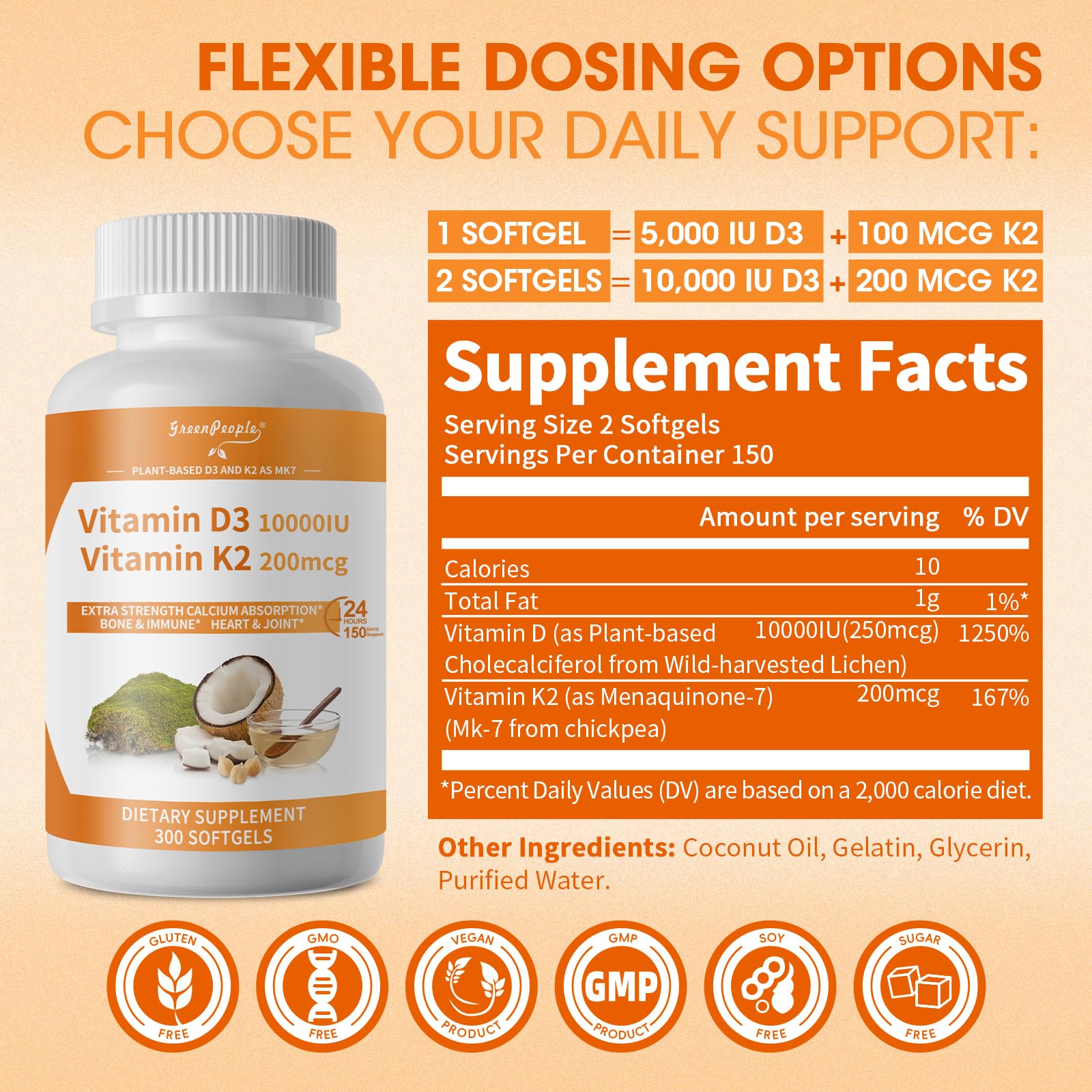 GREENPEOPLE K2 D3 softgels close up for daily vegan supplementation.
