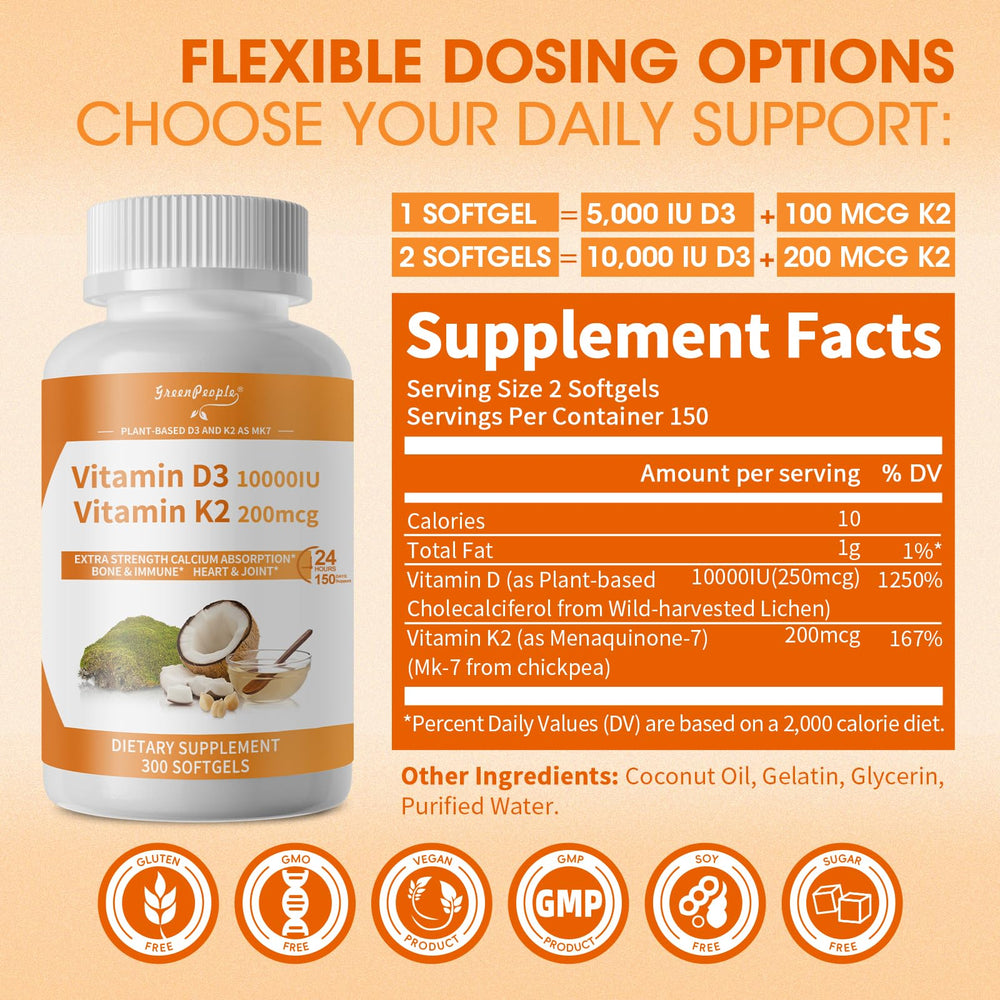 GREENPEOPLE K2 D3 softgels close up for daily vegan supplementation.
