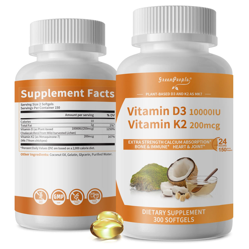 GREENPEOPLE K2 D3 softgels in hand for daily use.