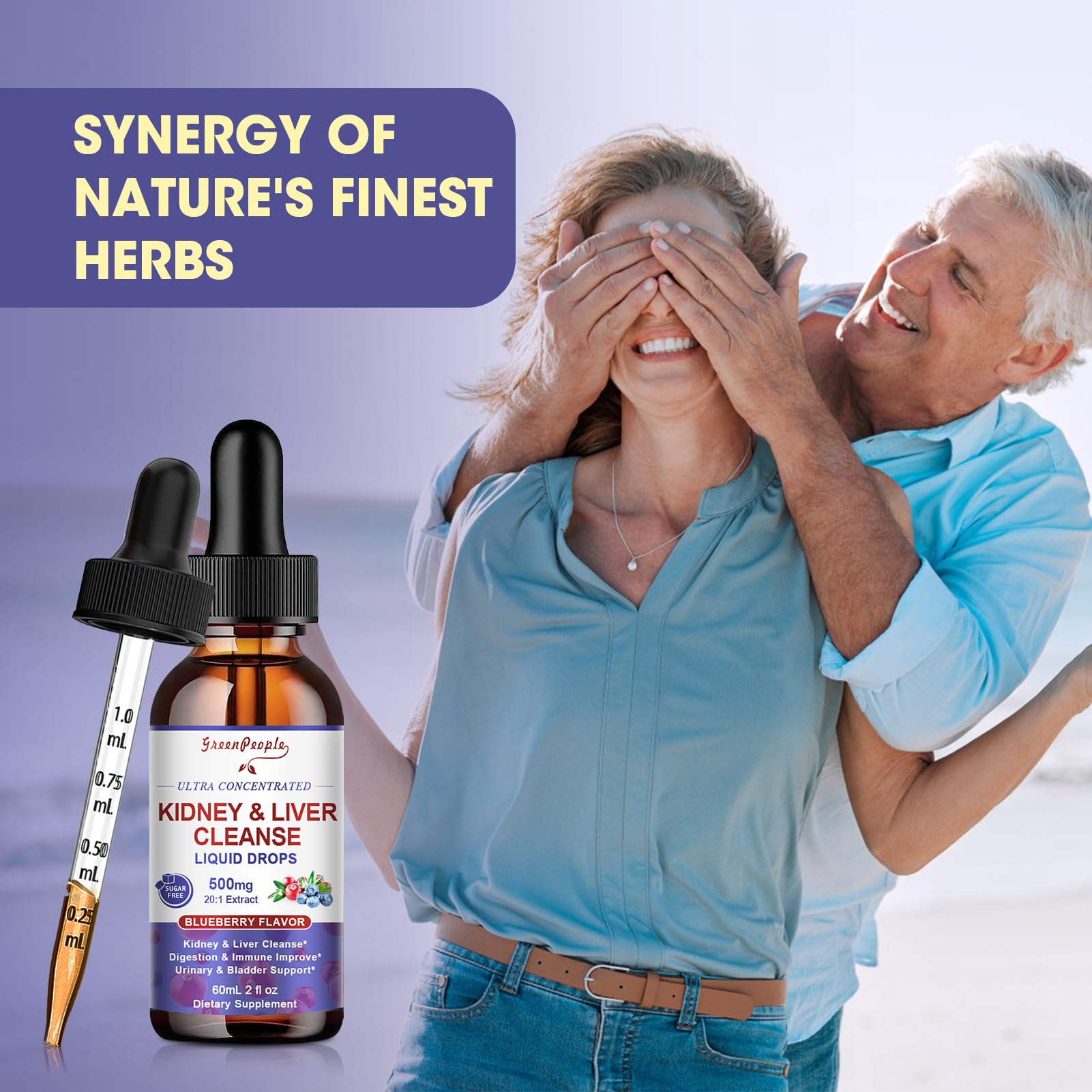 GreenPeople Kidney Cleanse dosage glass displays 2 ml serving for flexibility.