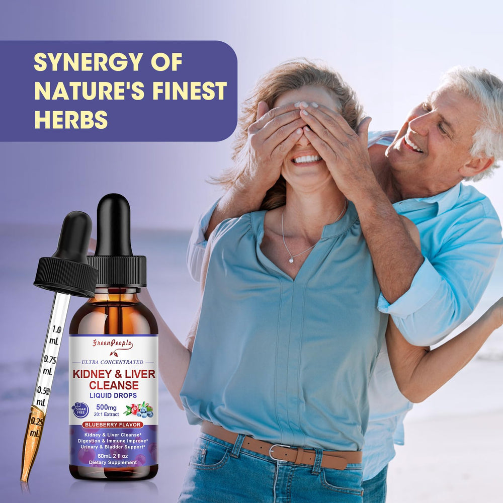 GreenPeople Kidney Cleanse dosage glass displays 2 ml serving for flexibility.
