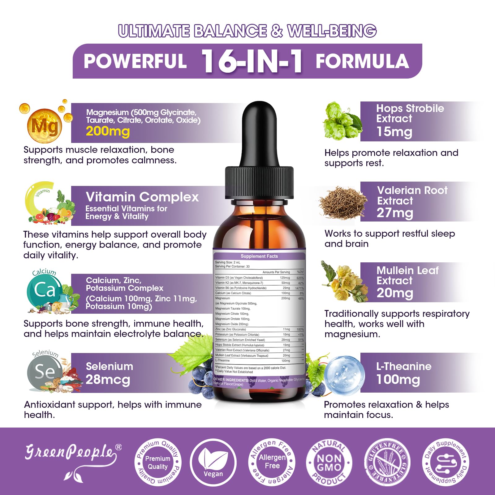 GreenPeople Magnesium Drops dosage indicating an easy 2 ml serving for daily routine