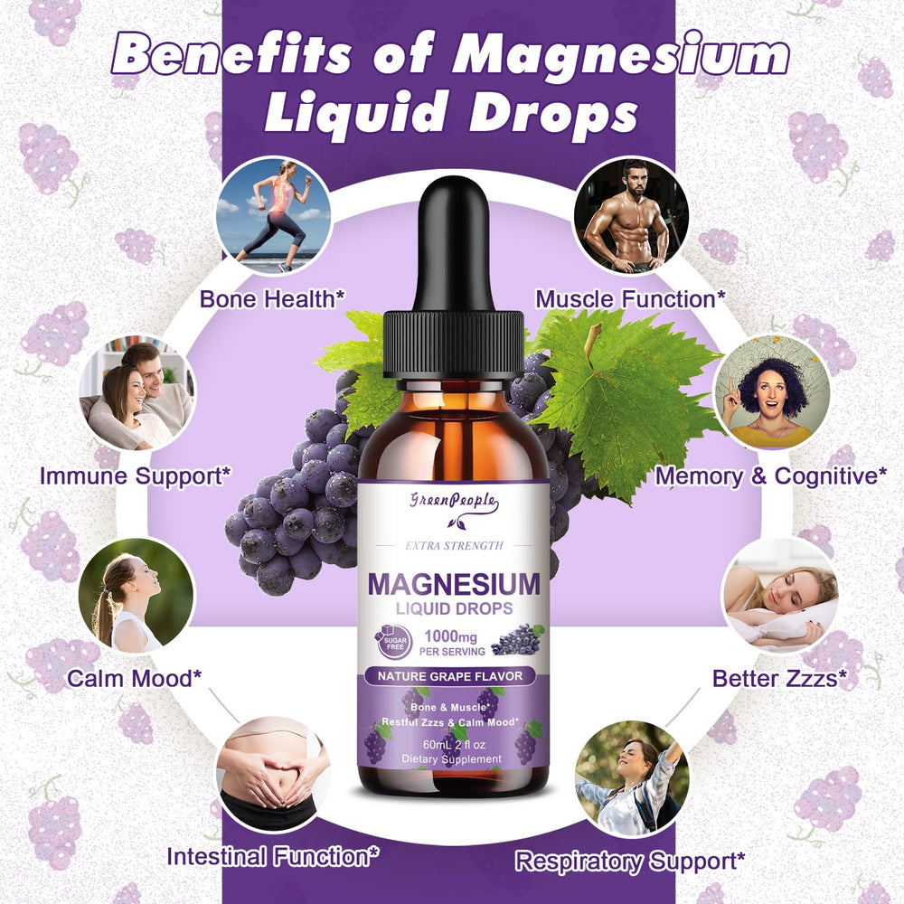 GreenPeople magnesium drops poured into a glass for quick, grape-flavored daily use