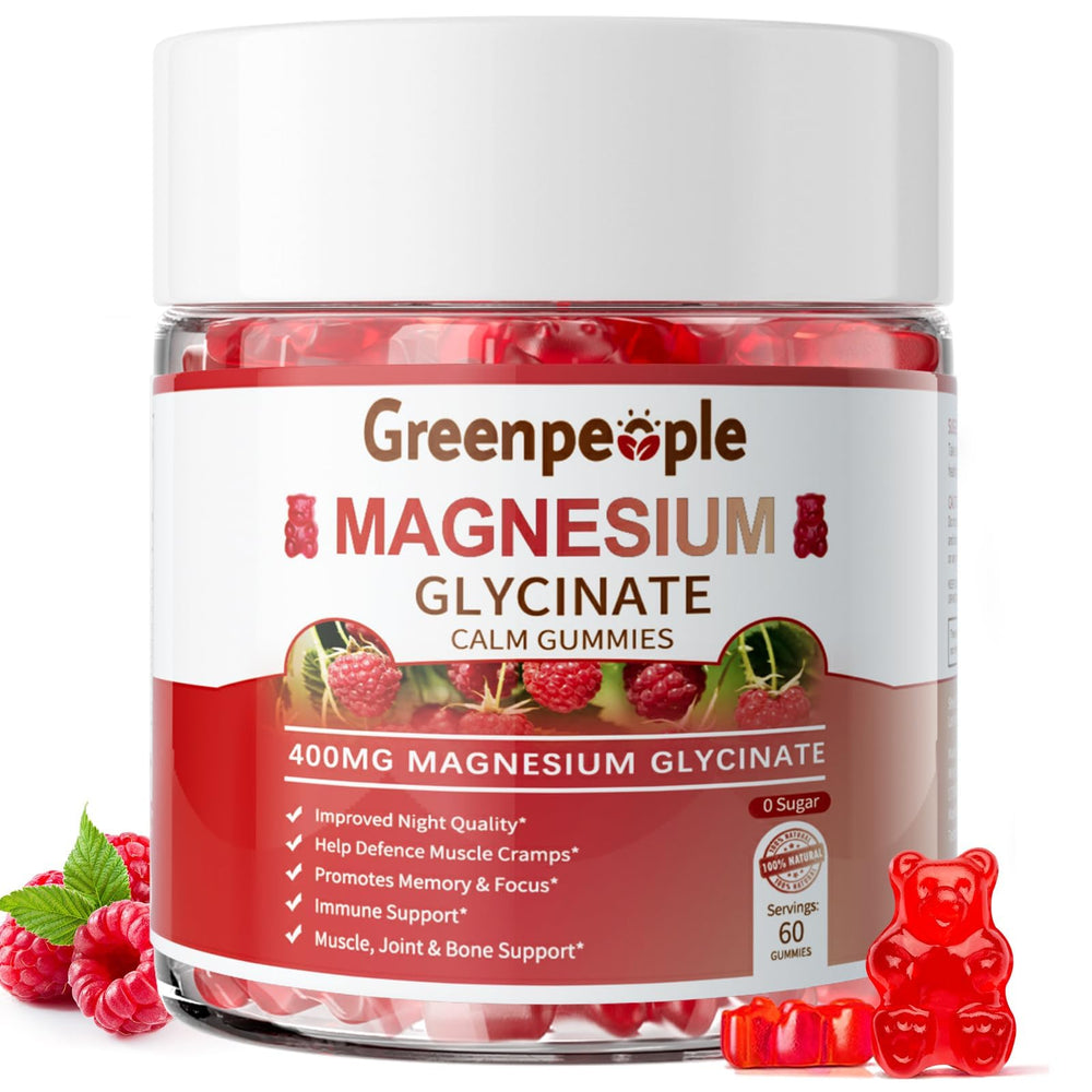 GreenPeople Magnesium Glycinate Gummies raspberry bottle promoting calm and sleep.