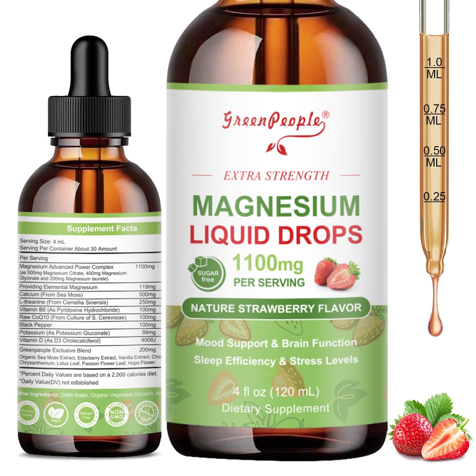 GREENPEOPLE Magnesium Glycinate Drop bottle with dropper for easy daily dosing