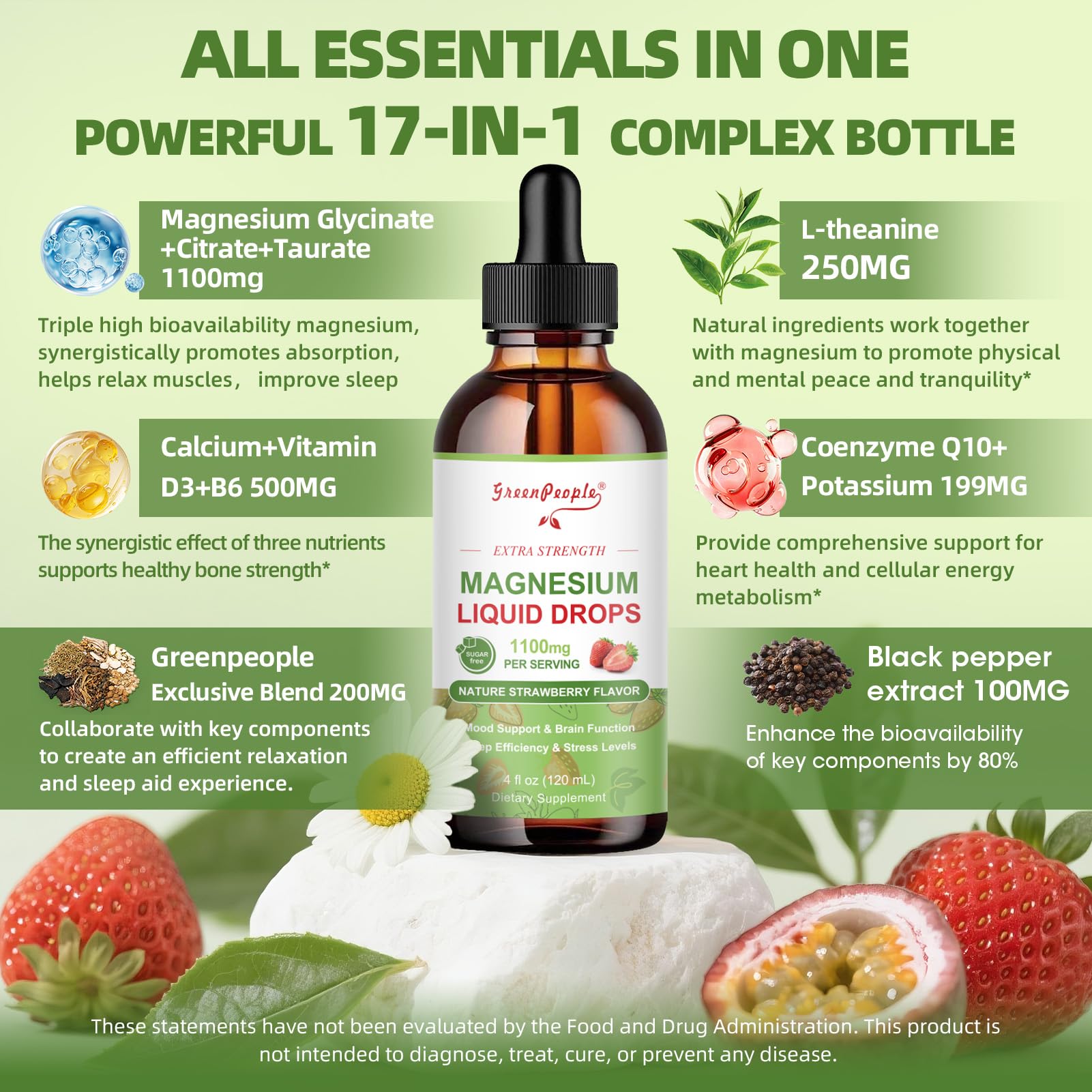 GREENPEOPLE magnesium glycinate strawberry label highlights tasty daily supplement