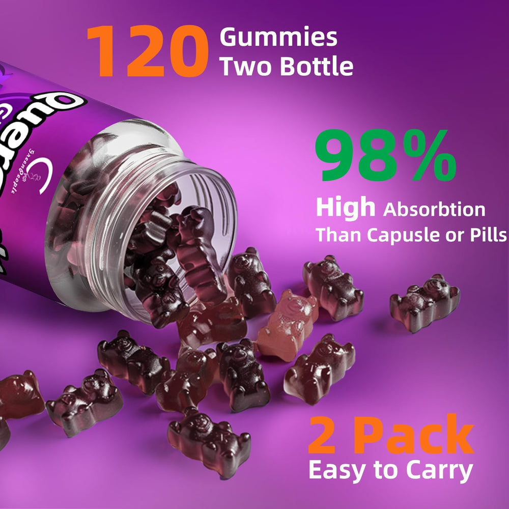 GreenPeople Quercetin Gummies ingredients scene emphasizing antioxidants and vitamins.