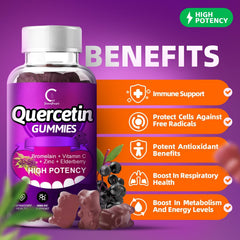 GreenPeople Quercetin Gummies label close-up highlighting bromelain and elderberry.