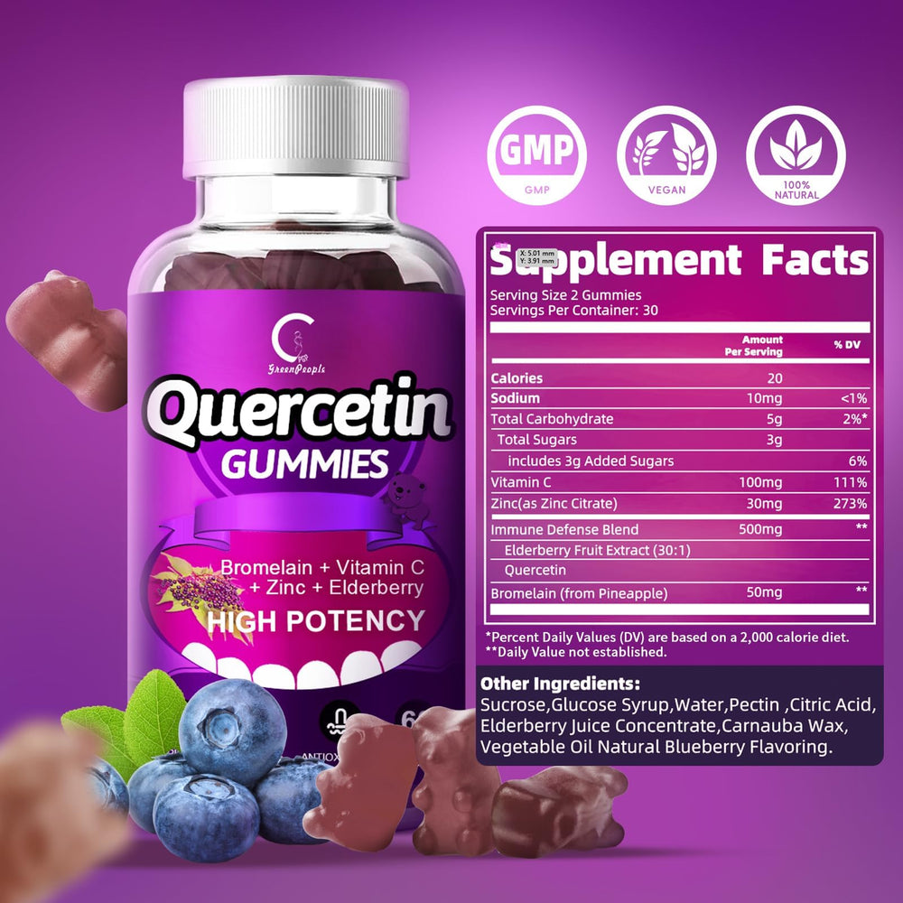 GreenPeople Quercetin Gummies on a counter suggesting respiratory support benefits.