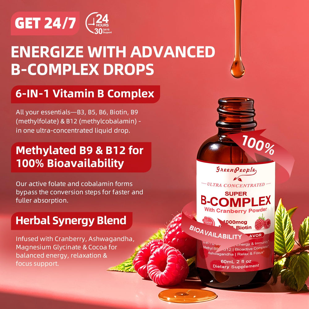 GREENPEOPLE Vitamin Methylated B Complex sublingual drops for fast absorption.