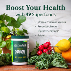 Mint flavored Greens First Original bottle with splash suggesting refreshing taste for smoothies