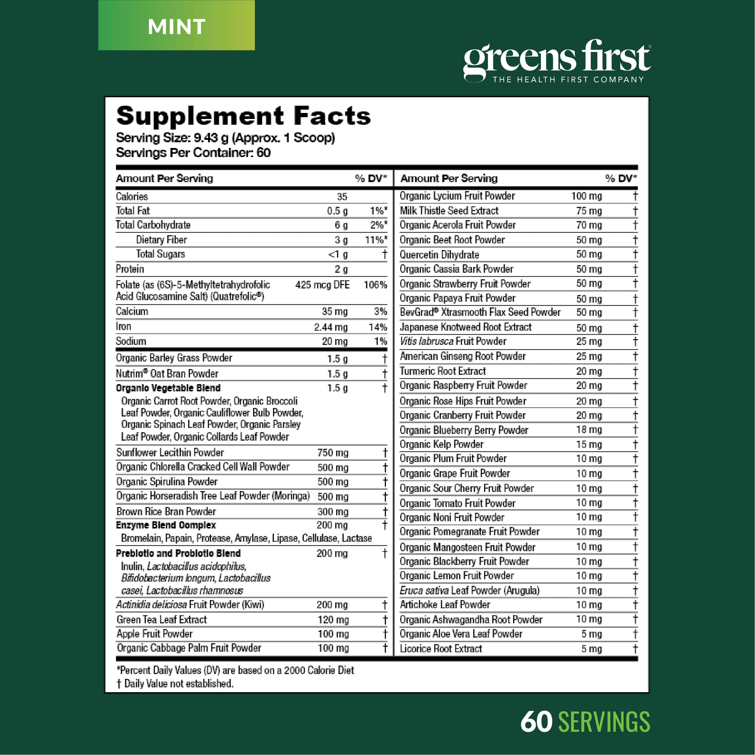 Dairy-free packaging of Greens First Original emphasizing plant-based nutrition