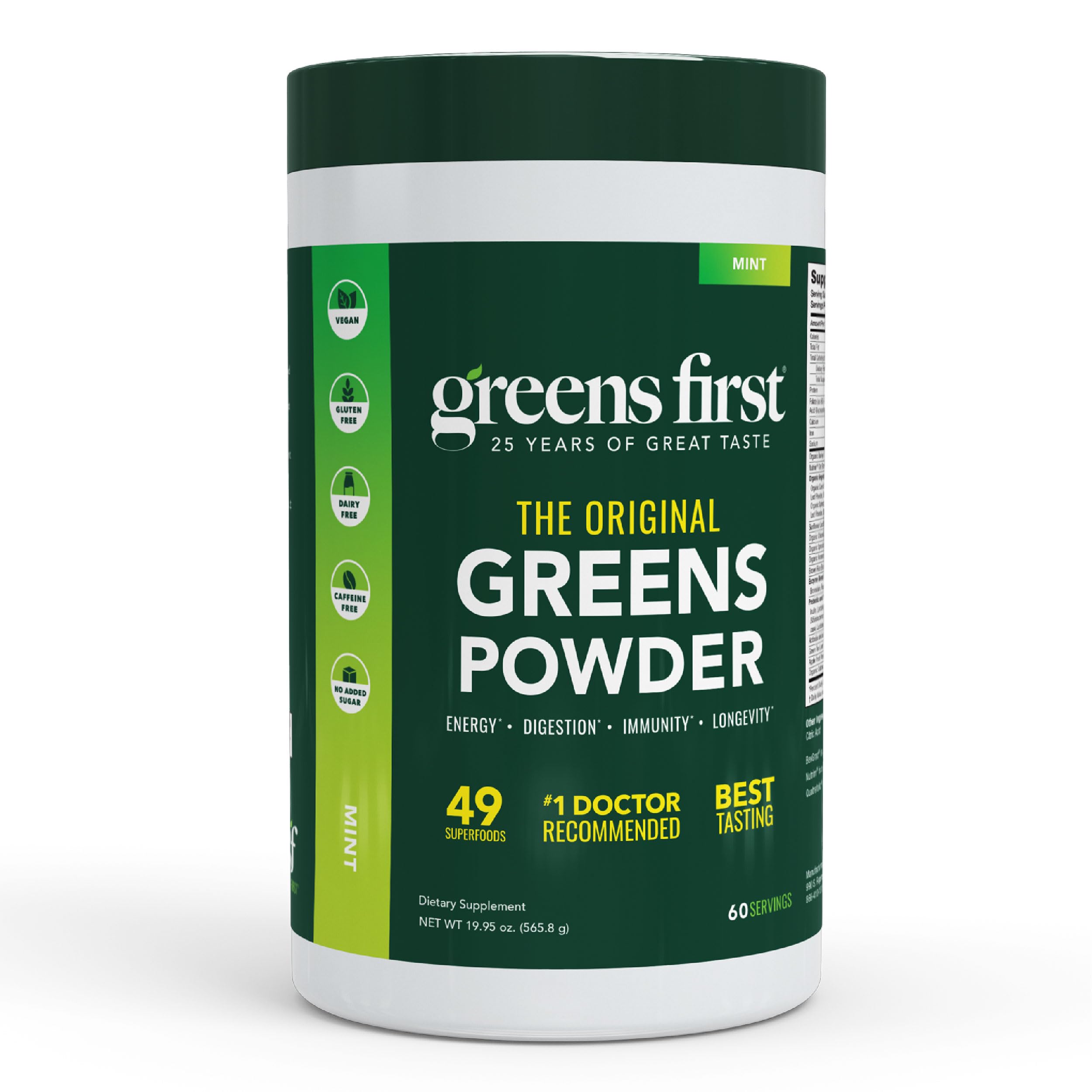 Greens First Original Greens Powder tub front with 49 superfoods highlighted for daily nutrition