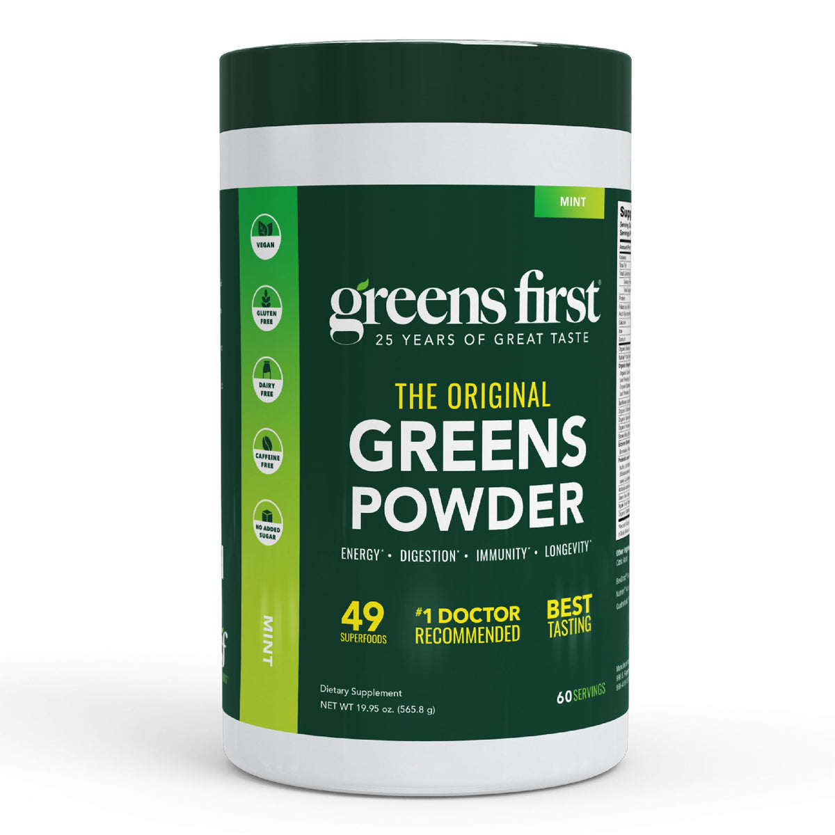 Greens First Original Greens Powder tub front with 49 superfoods highlighted for daily nutrition