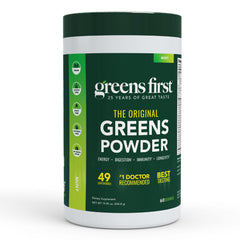 Greens First Original Greens Powder tub front with 49 superfoods highlighted for daily nutrition