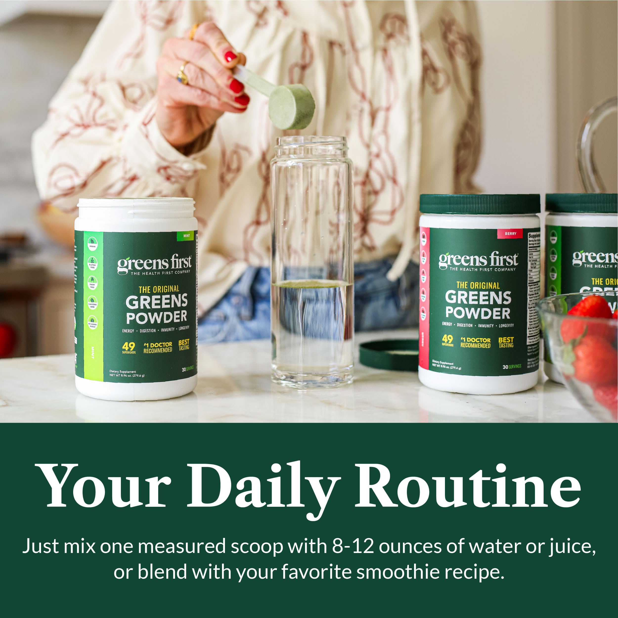 Organic fruits and vegetables label on Greens First Original highlighting natural sourcing