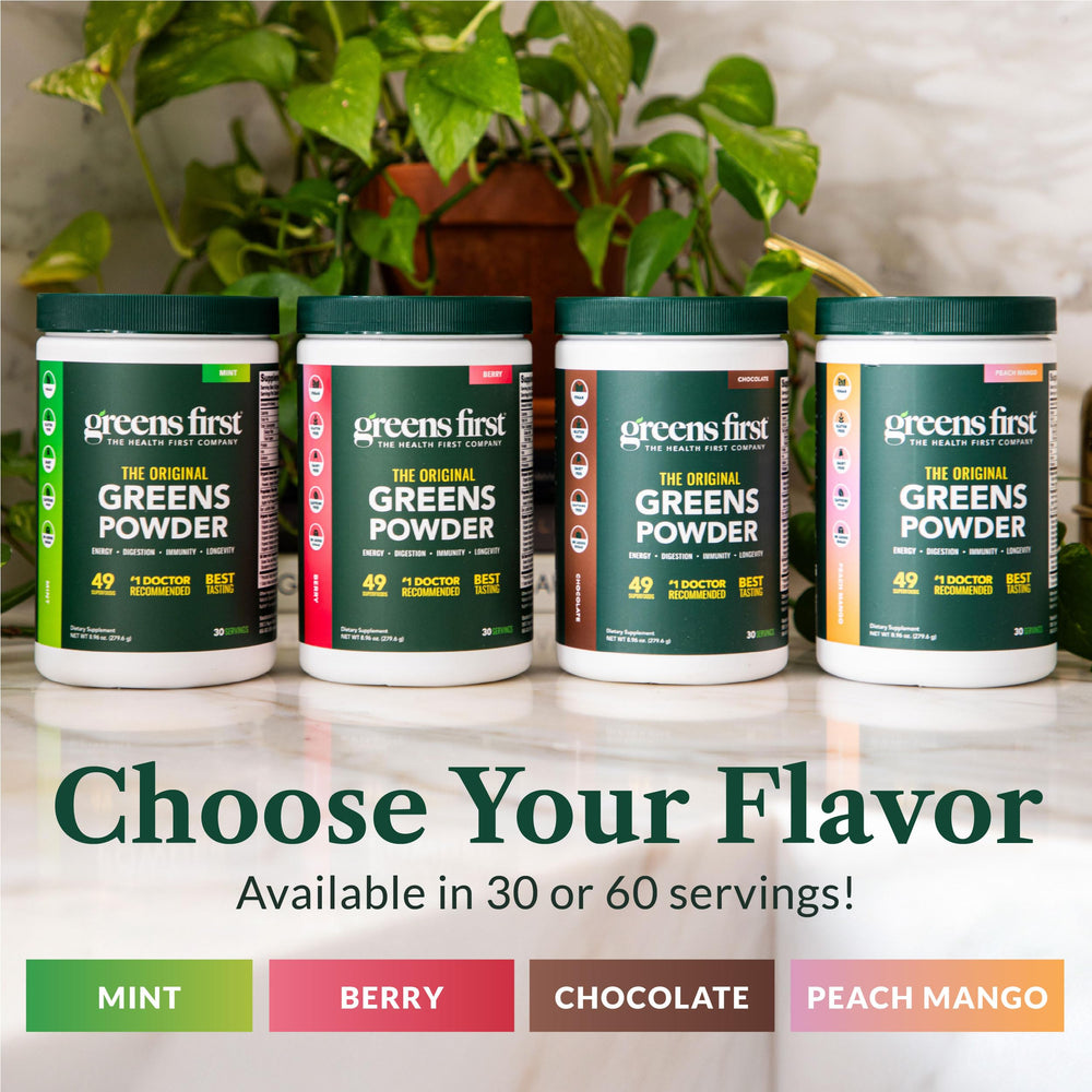 Vegan non-GMO label on Greens First Original indicating clean plant-based ingredients