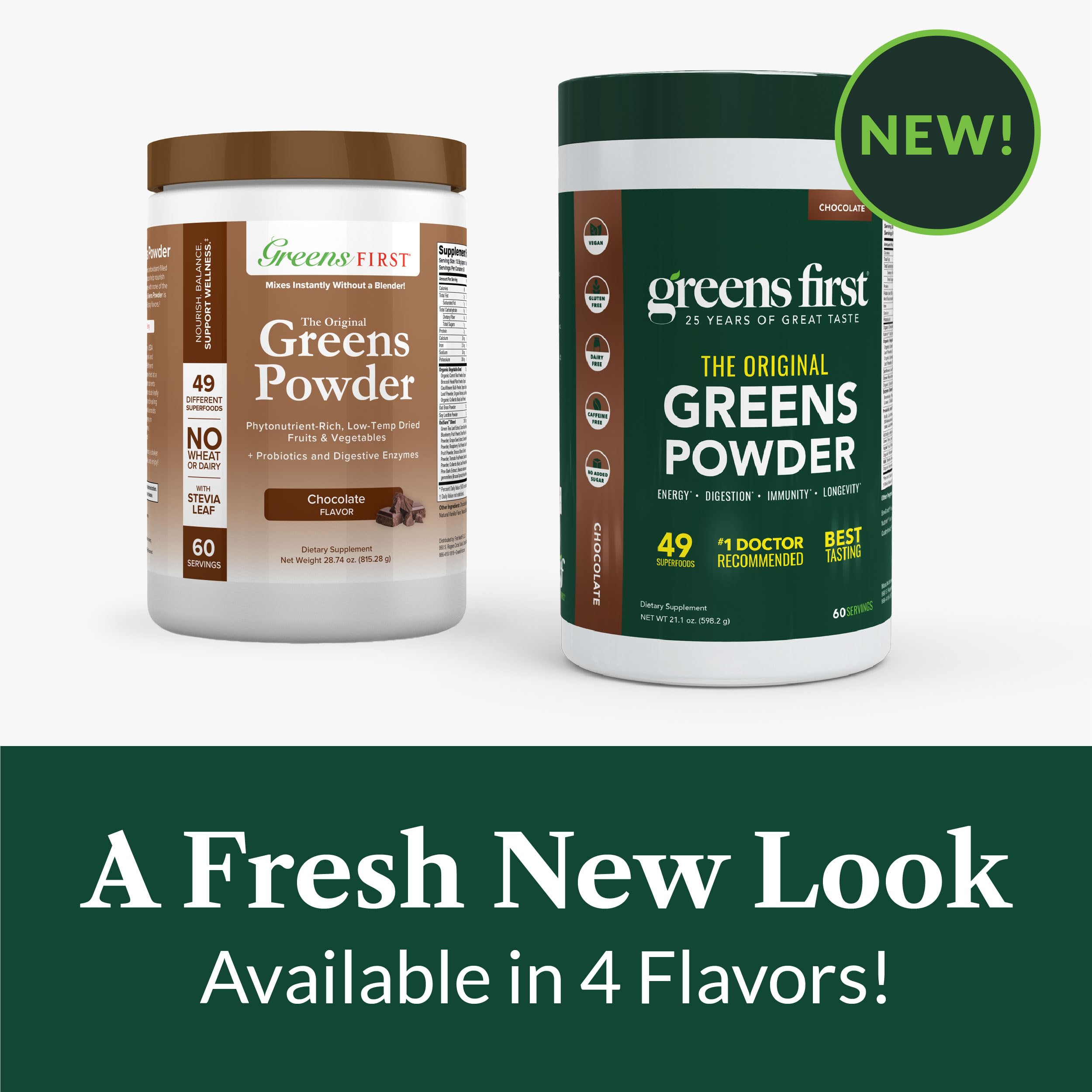 Front-facing Greens First packaging with label and trust marks.