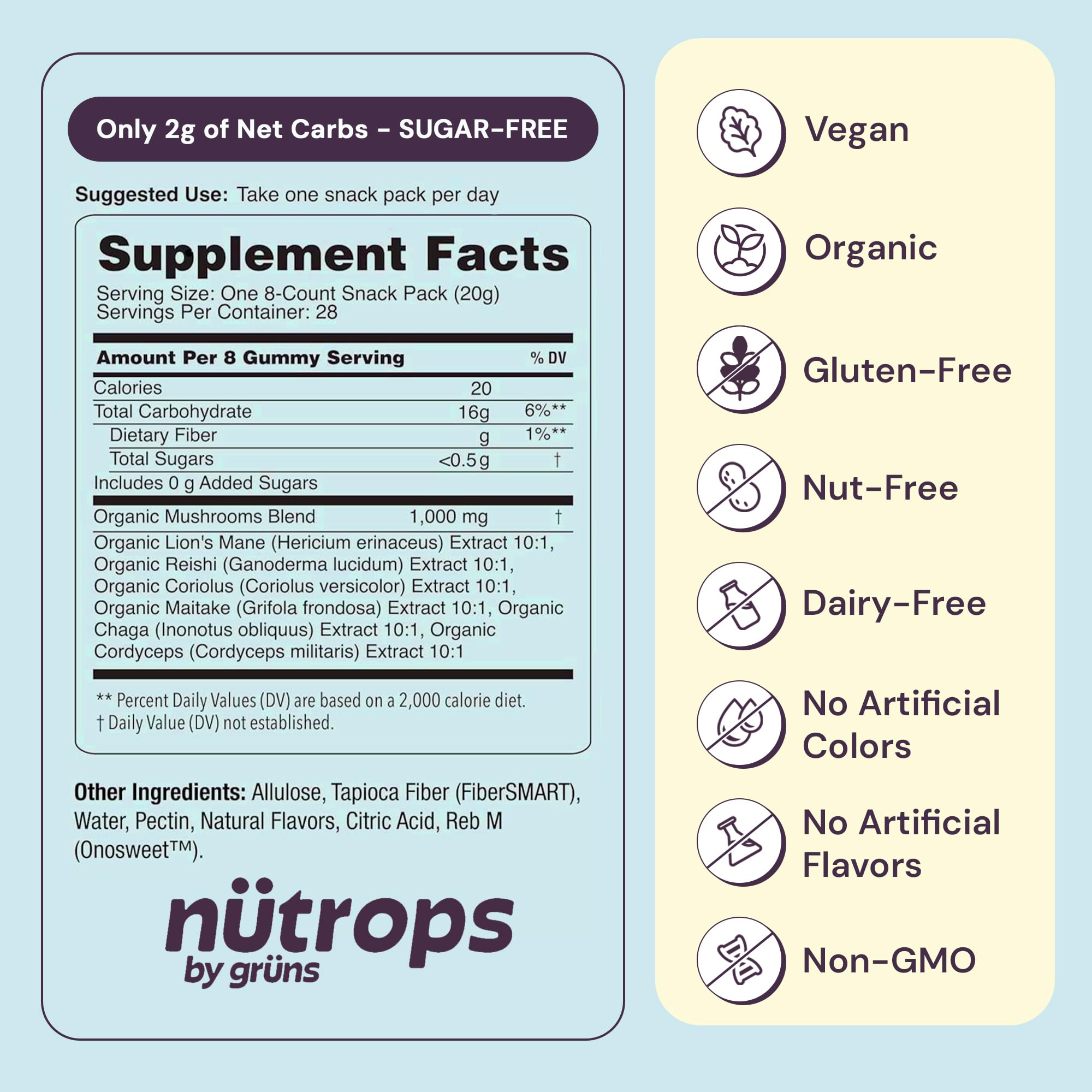 Close-up of Grüns Nutrops lemon gummies highlighting sugar-free, vegan, gluten-free attributes.