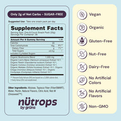 Close-up of Grüns Nutrops lemon gummies highlighting sugar-free, vegan, gluten-free attributes.