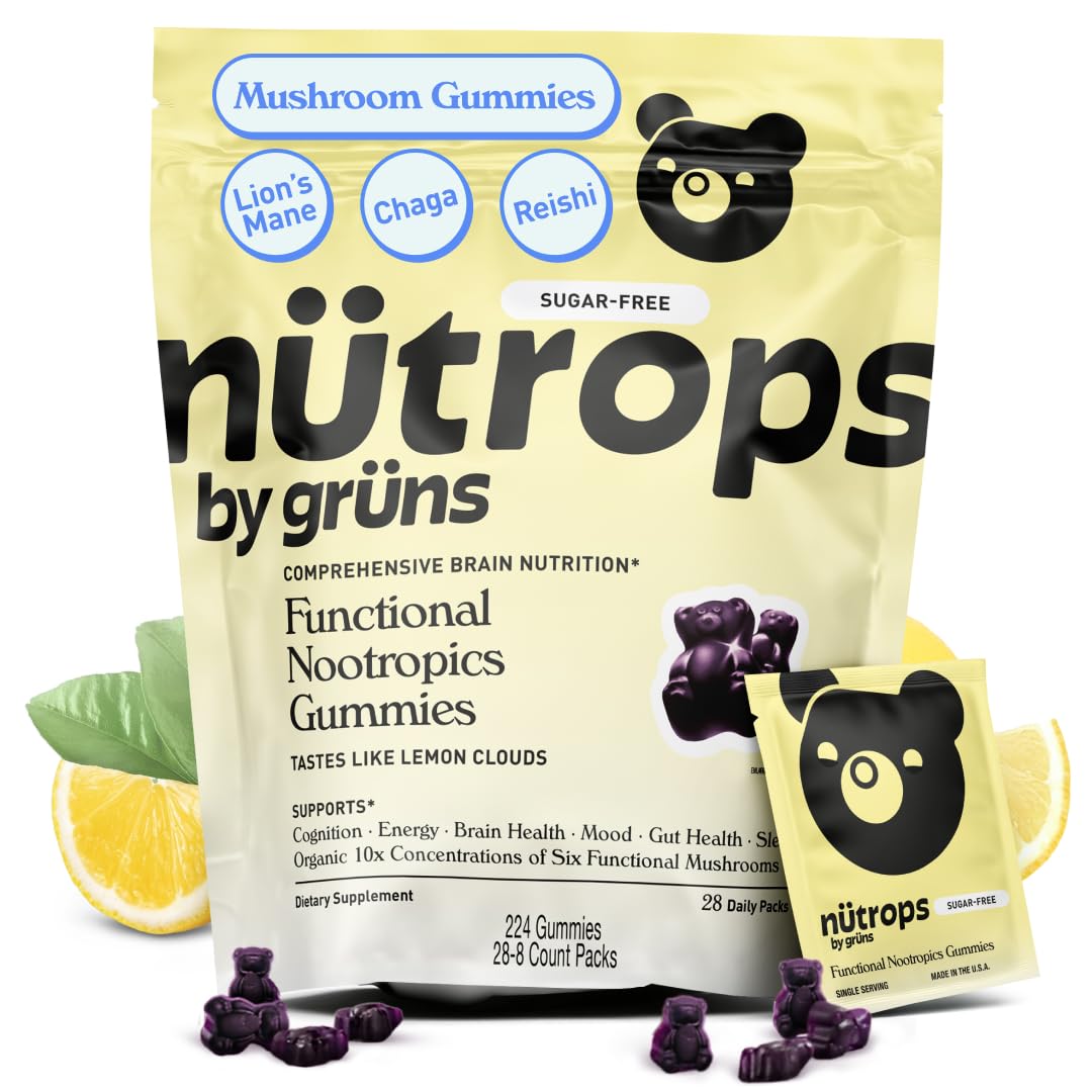 Grüns Nutrops lemon gummy pack for on-the-go focus and energy, sugar-free.