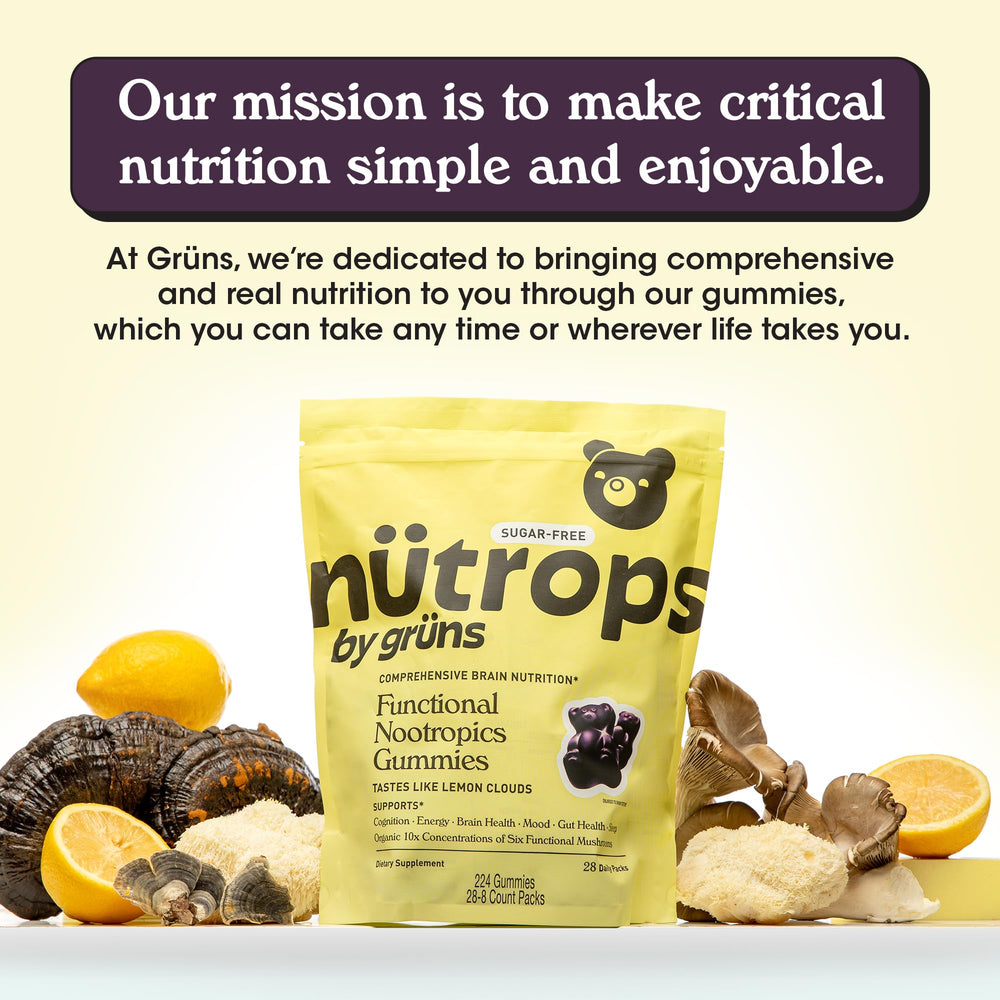 Close-up of Grüns Nutrops sugar-free gummies with lemon flavor and chewy texture.