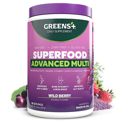 Greens+ Advanced Multi Wild Berry powder tub front view, convenient daily nutrition boost.