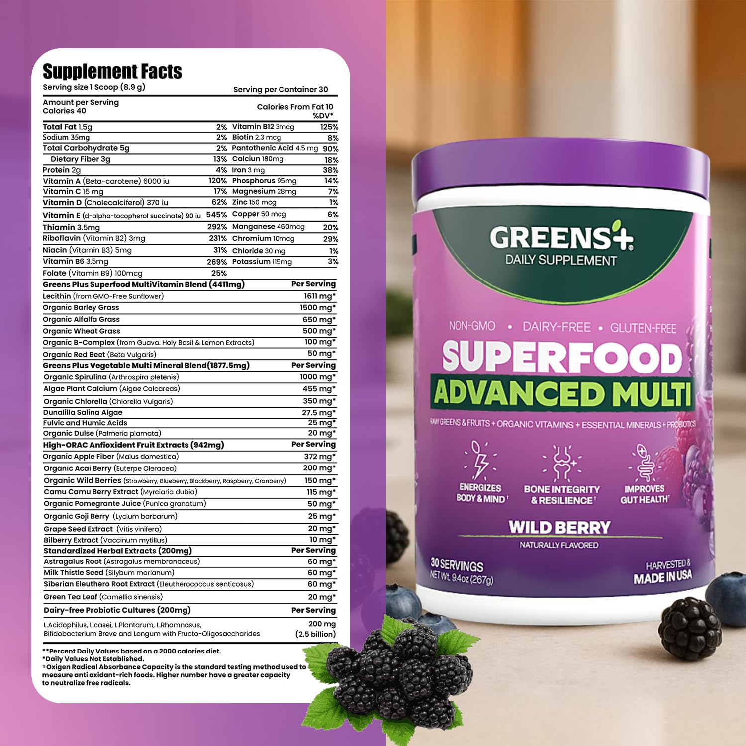 Two delicious smoothies on a kitchen counter featuring Greens+.