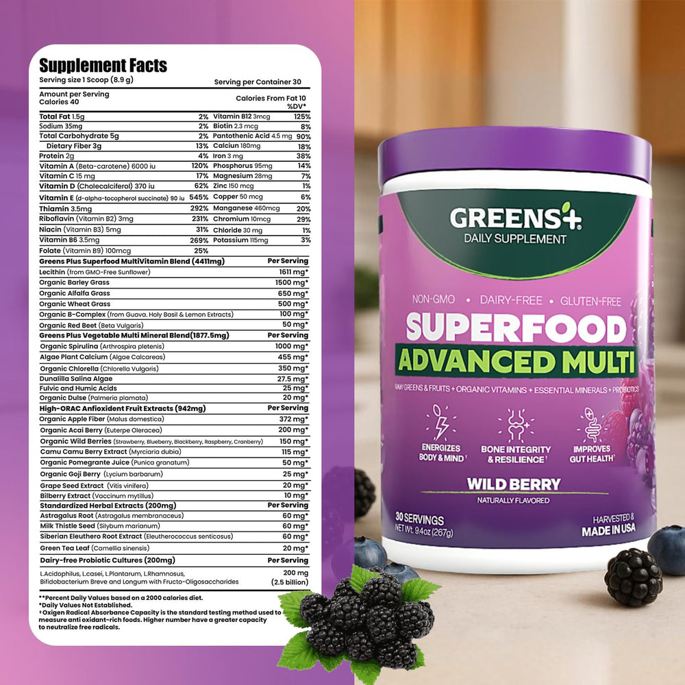 Two delicious smoothies on a kitchen counter featuring Greens+.
