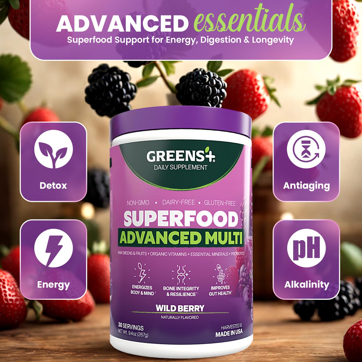 Nutrition label showing vitamins and minerals in Greens+ powder.