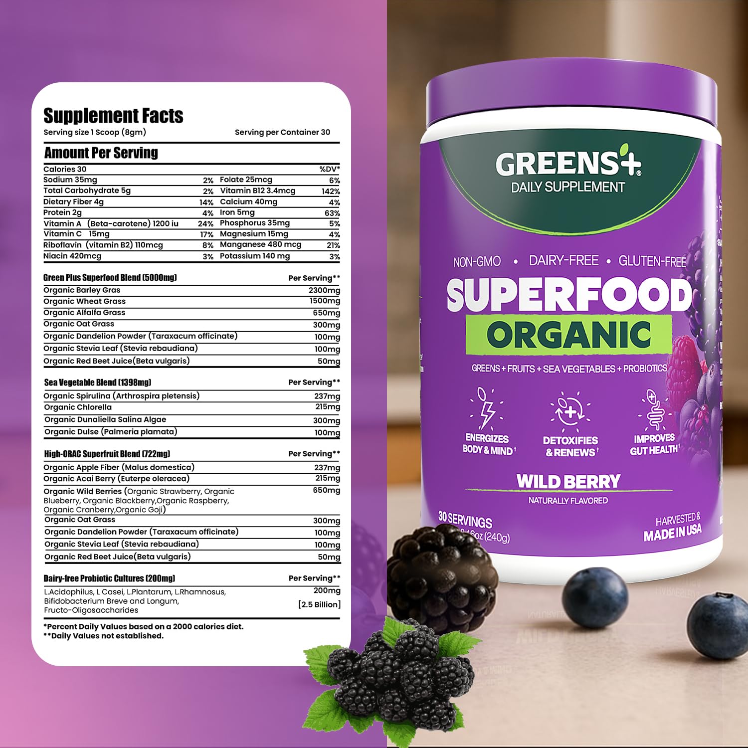 Greens+ Organic Ingredients emphasize USA-sourced blends for quality