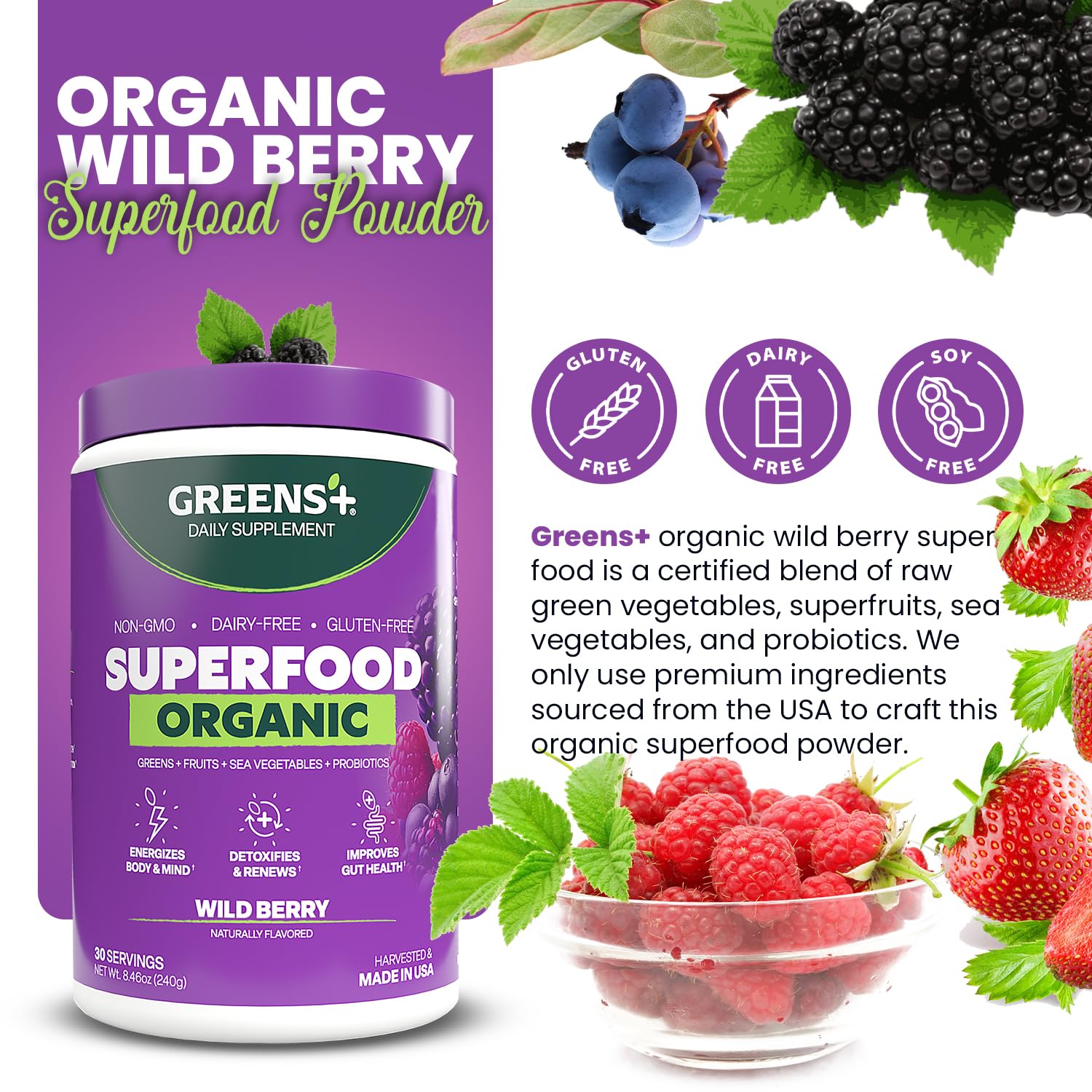 Greens+ Organic Wild Berry package open showing USA-sourced ingredients