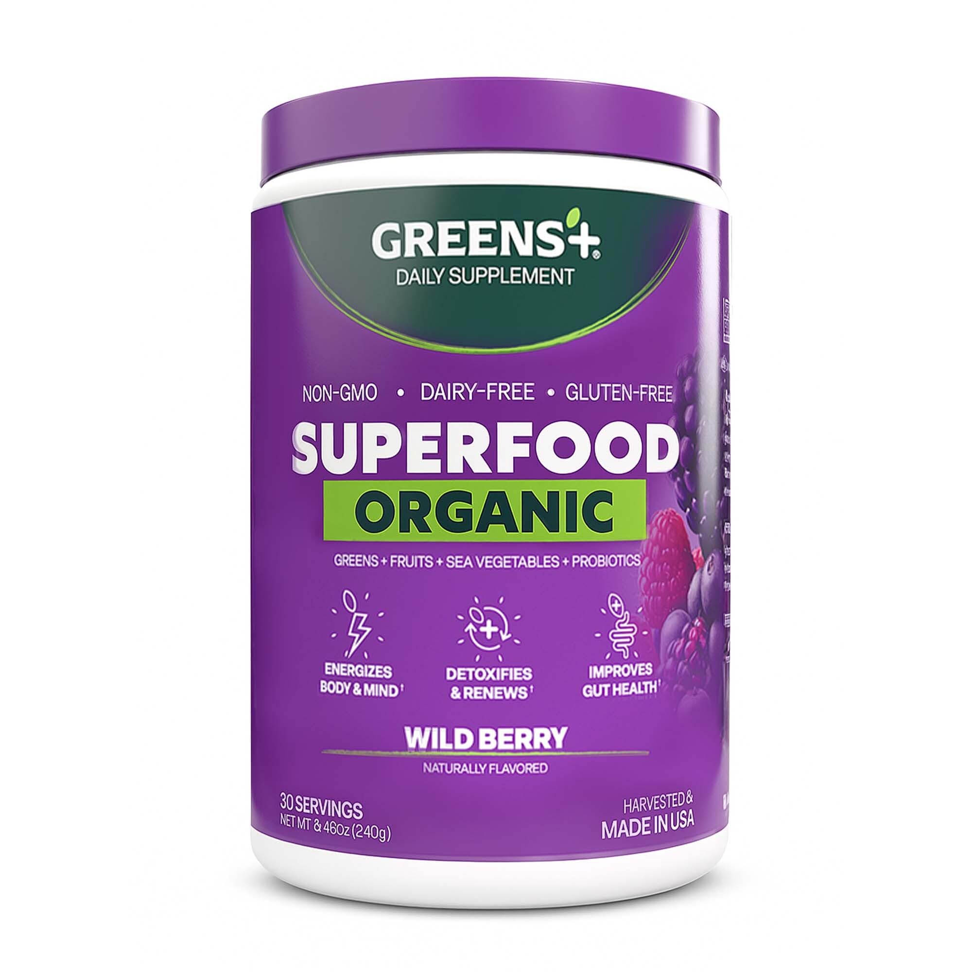 Greens+ Organic Wild Berry Powder front label for daily energy support