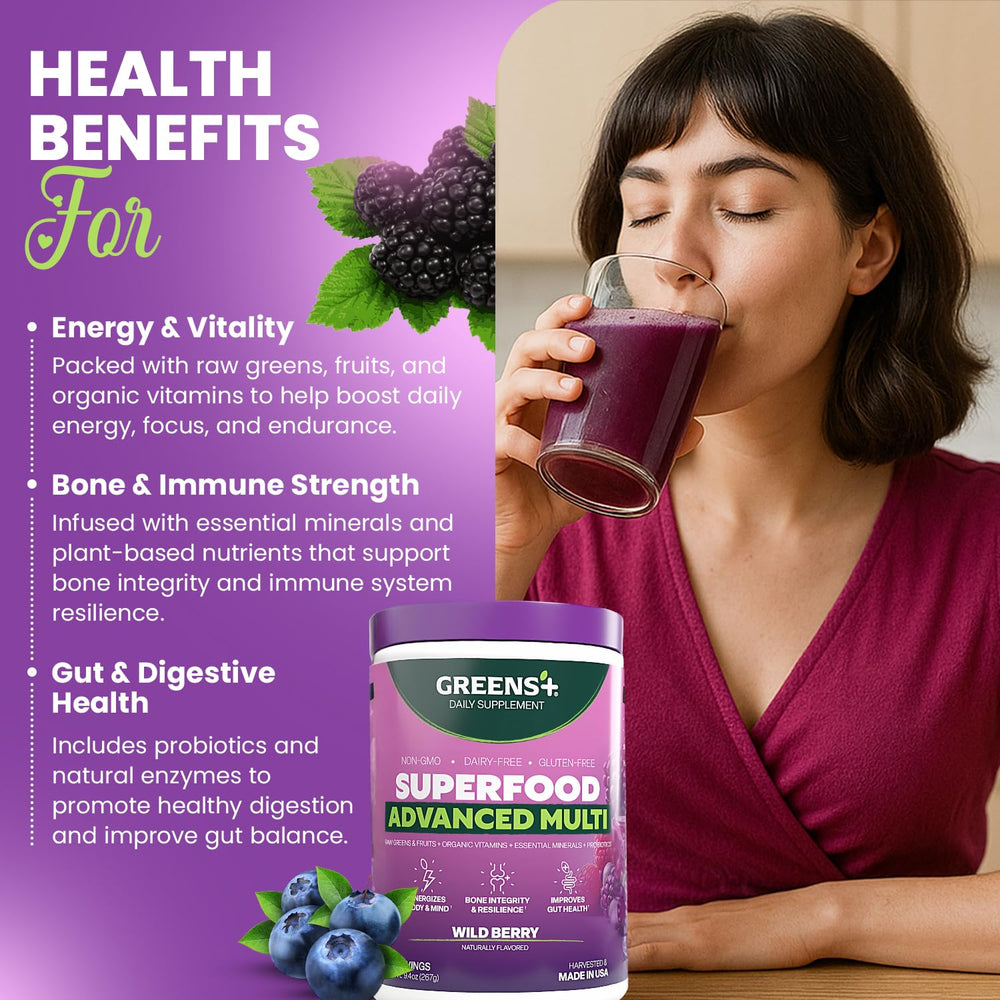 Close-up of wild berries highlighting antioxidant-rich Greens+ blend.