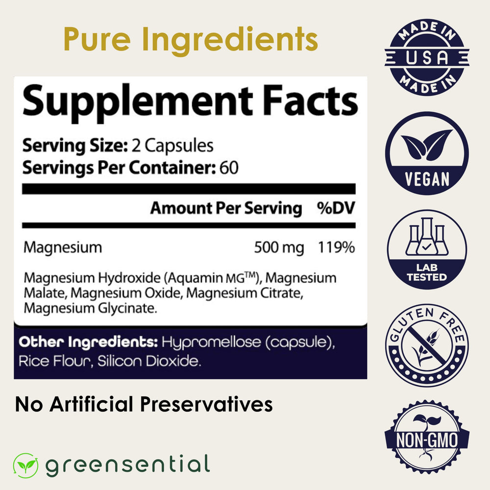 Greensential Magnesium Complex product with mineral-rich Aquamin highlights