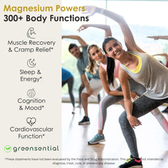 Greensential Magnesium Complex ingredient icons featuring chelated magnesium and Aquamin minerals