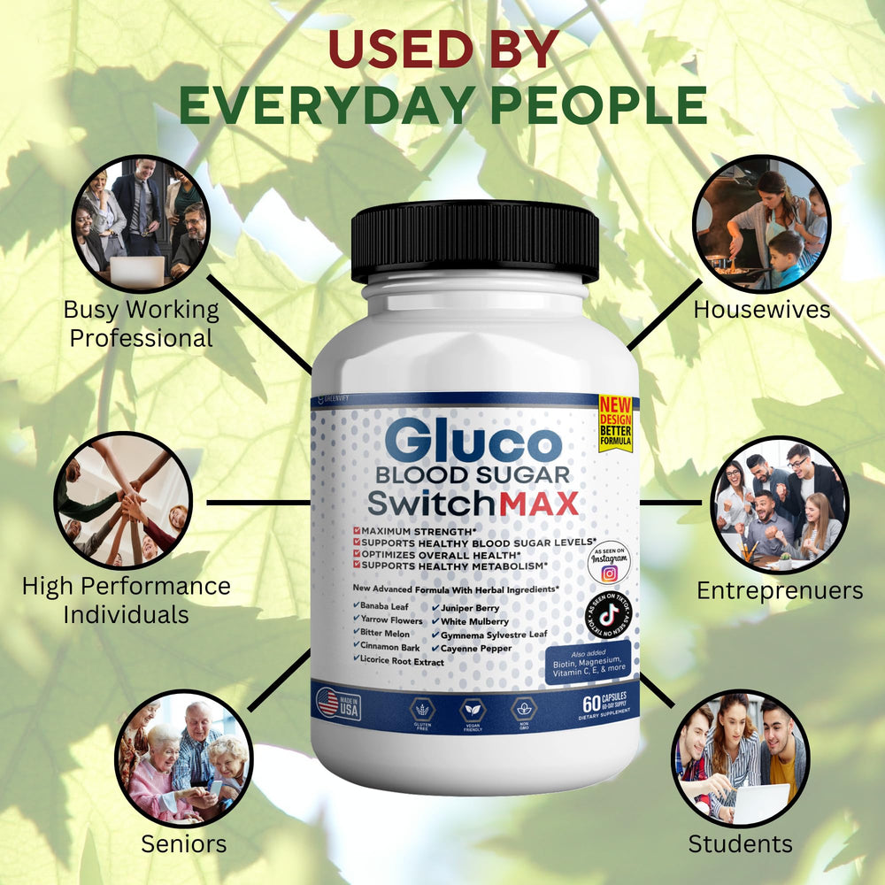 GreenVIFY Gluco Blood Sugar Switch Max packaging on a clean countertop for convenience