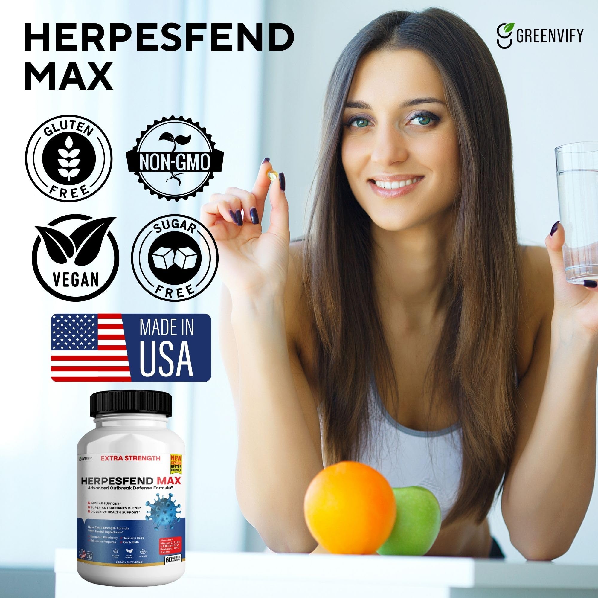 GREENVIFY HerpesFend Max elderberry and echinacea blend graphic indicates natural defense