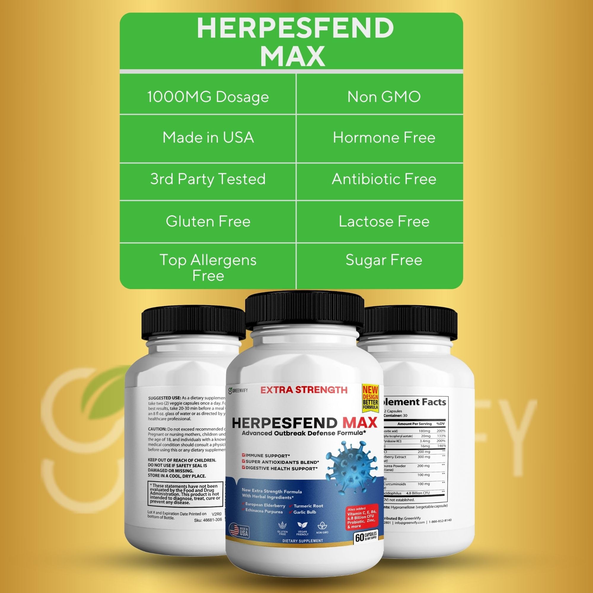 GREENVIFY HerpesFend Max label close-up featuring elderberry and turmeric blend