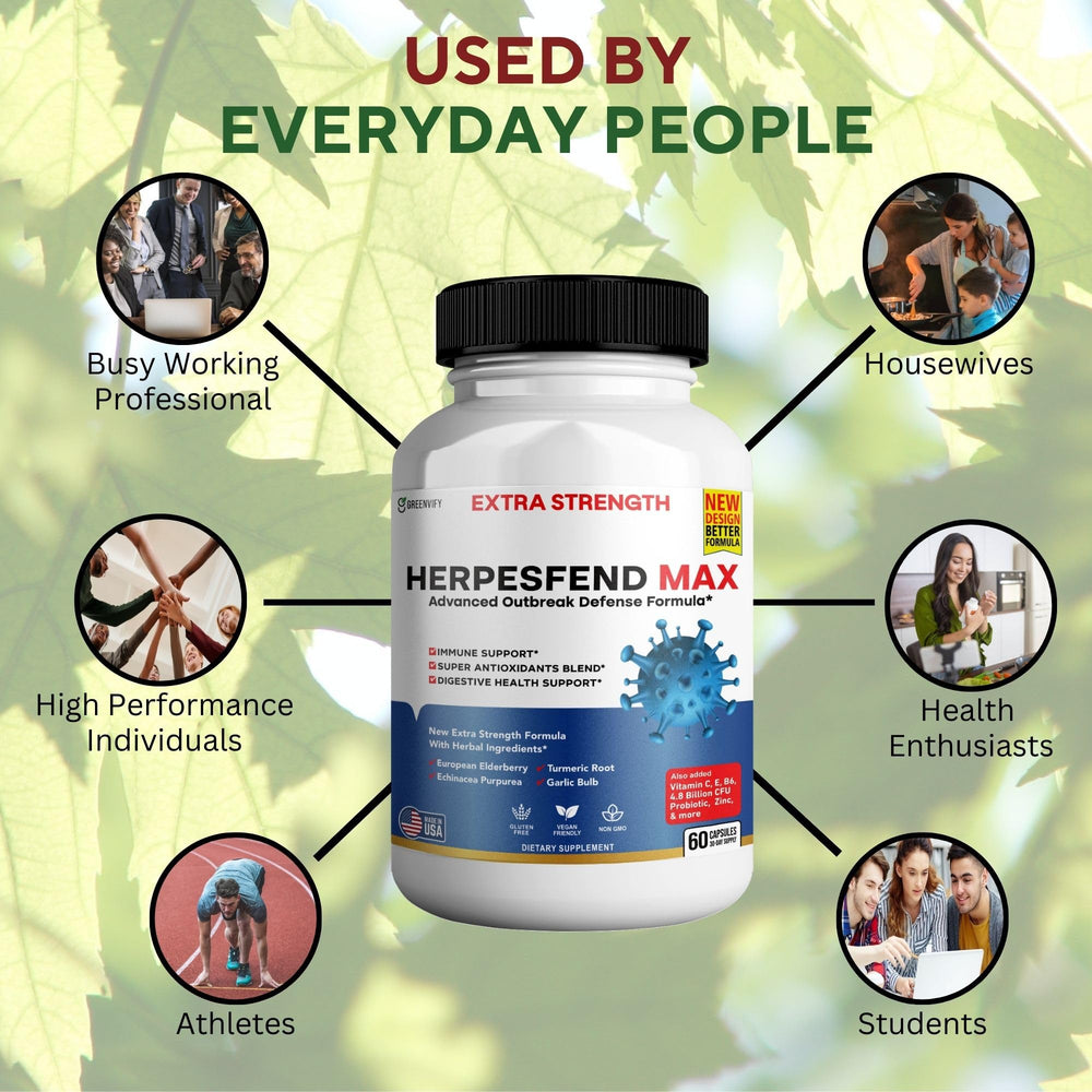 GREENVIFY HerpesFend Max probiotic capsule image shows Lactobacillus acidophilus for gut balance