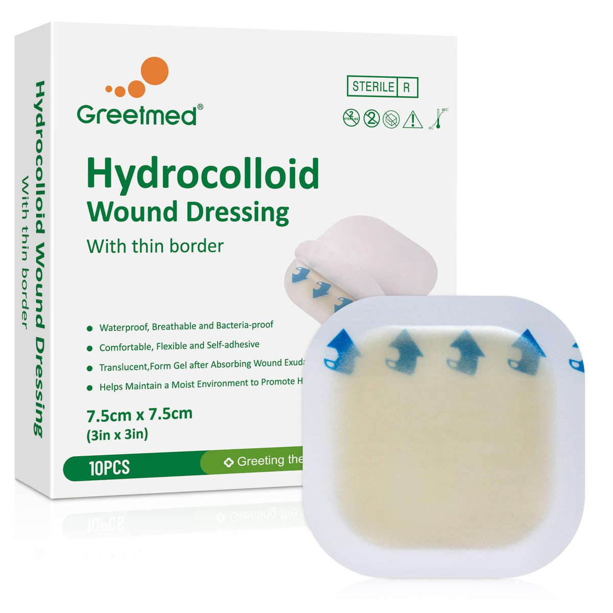 Greetmed hydrocolloid dressing 3x3 with thin border for secure wear