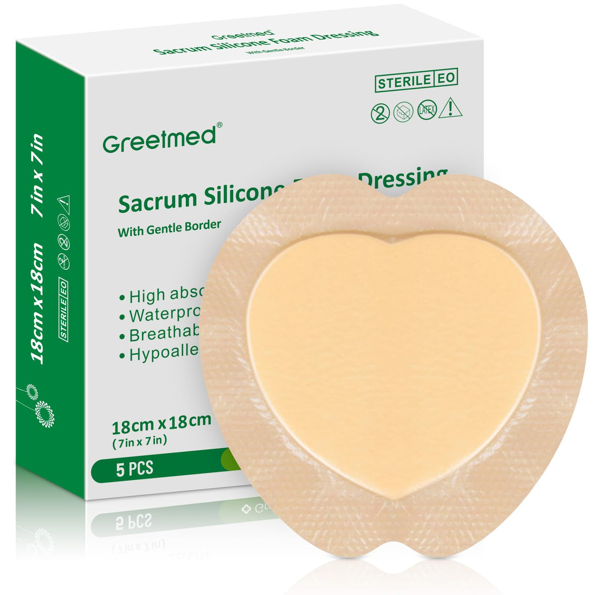 Greetmed Sacral Foam Dressing Border packaging shows sterile packs for quick bedside use.