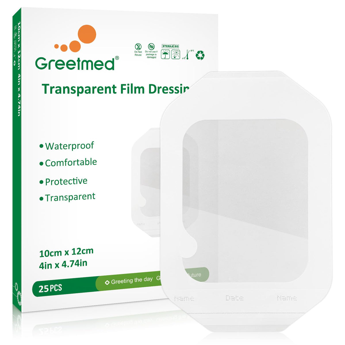 Greetmed transparent dressing packaging ready for easy wound protection on the go.