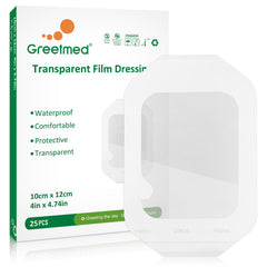 Greetmed transparent dressing packaging ready for easy wound protection on the go.
