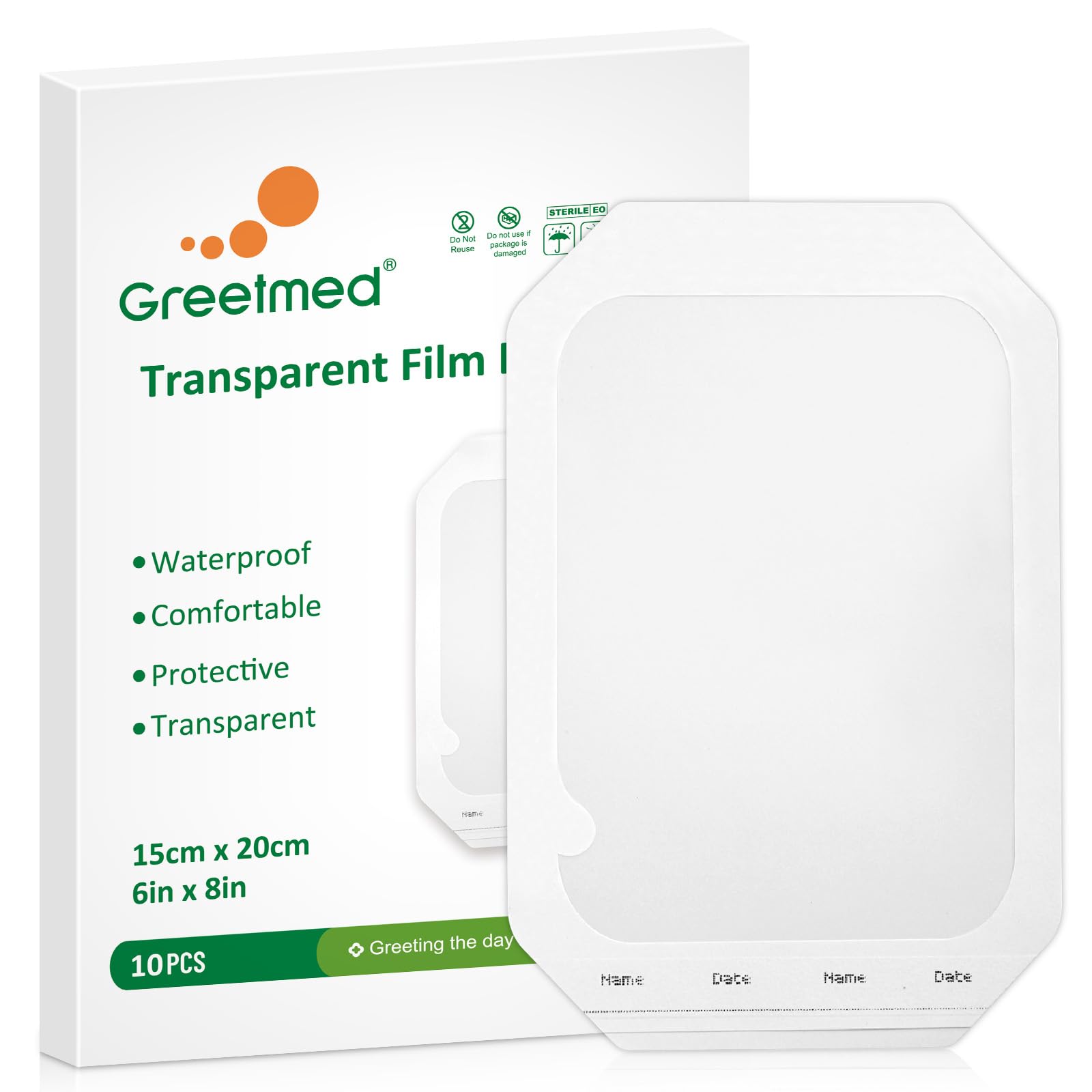 Greetmed transparent dressing 6x8 pack front for on-the-go care.
